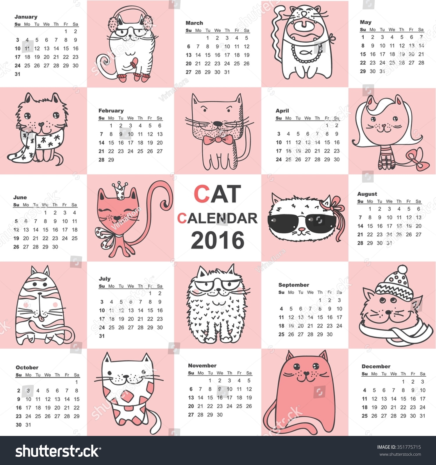 Calendar 2016. Cute Cats For Every Month. Vector. Isolated. - 351775715 ...