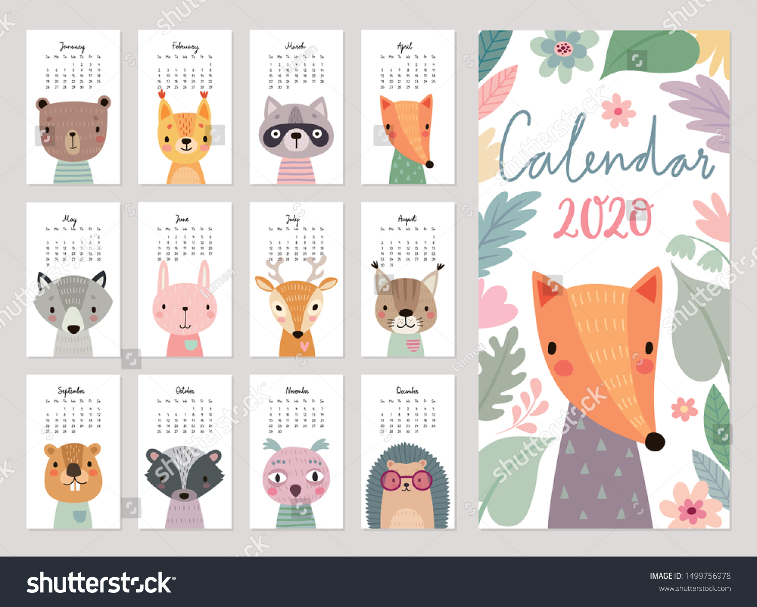 Calendar 2020 Cute Monthly Calendar Woodland Stock Vector Royalty Free 1499756978