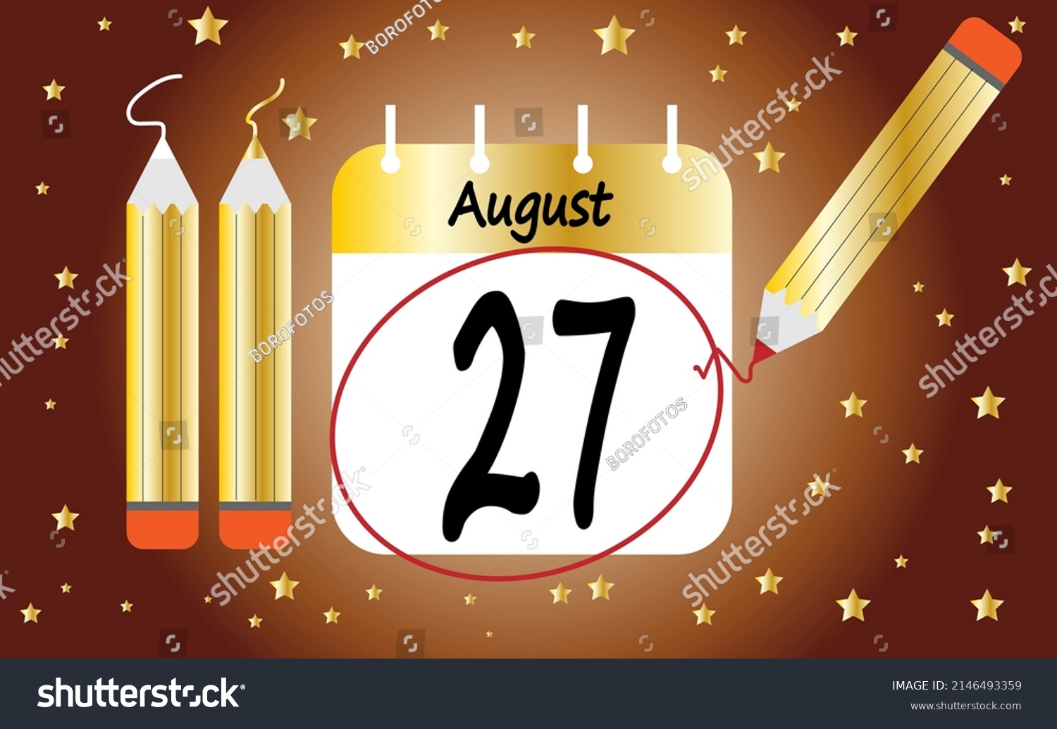 SVG of Calendar day 27 august golden. calendar page circled with various colored pencils white and red svg