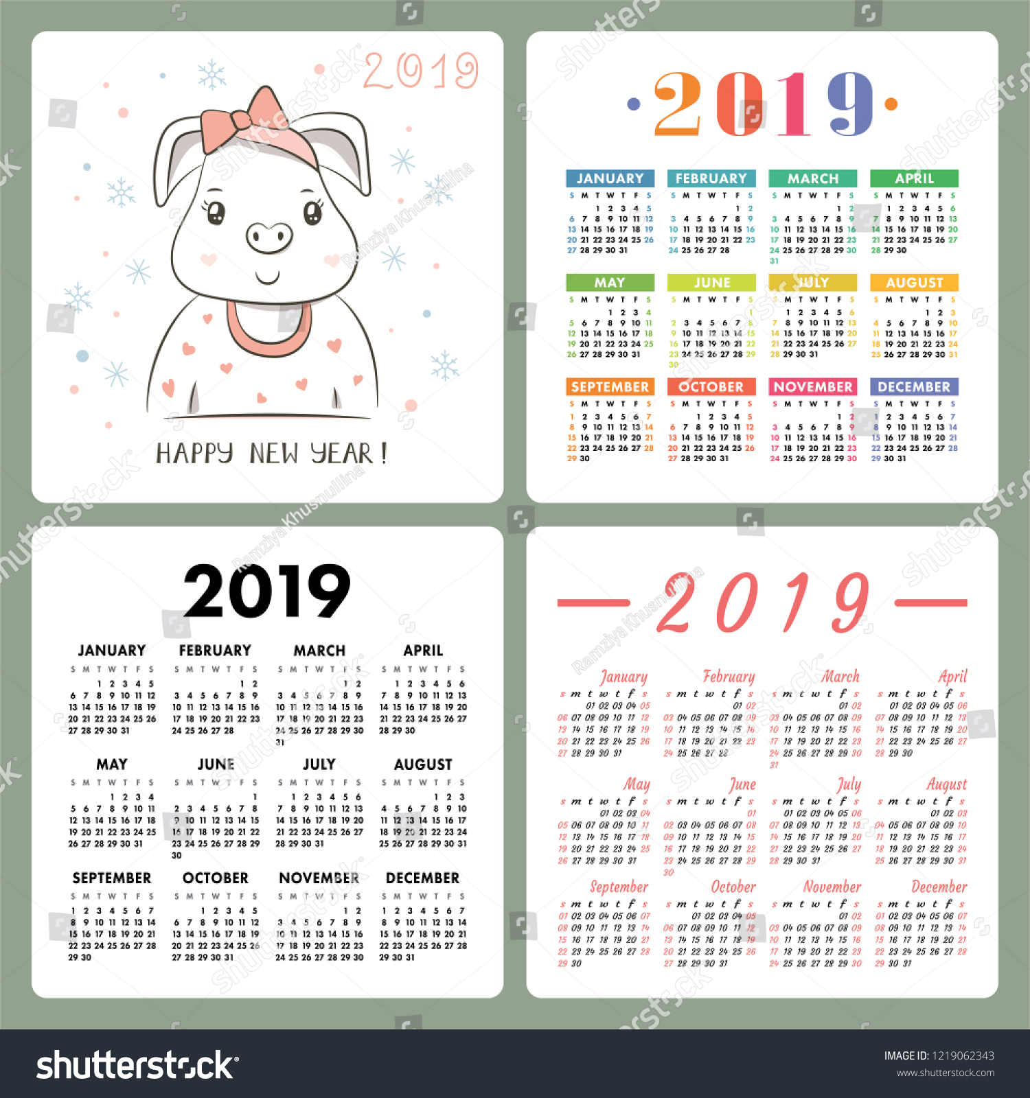 Calendar 2019 English Colorful Set Week Stock Vector Royalty Free 1219062343