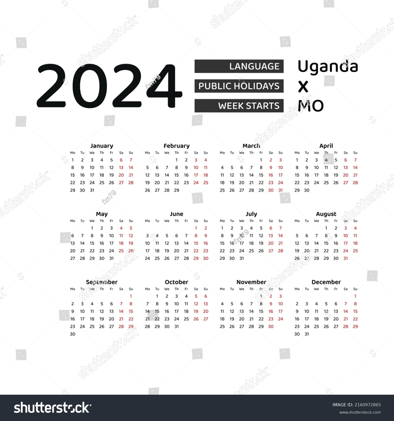 Calendar 2024 English Language Uganda Public Stock Vector (Royalty Free