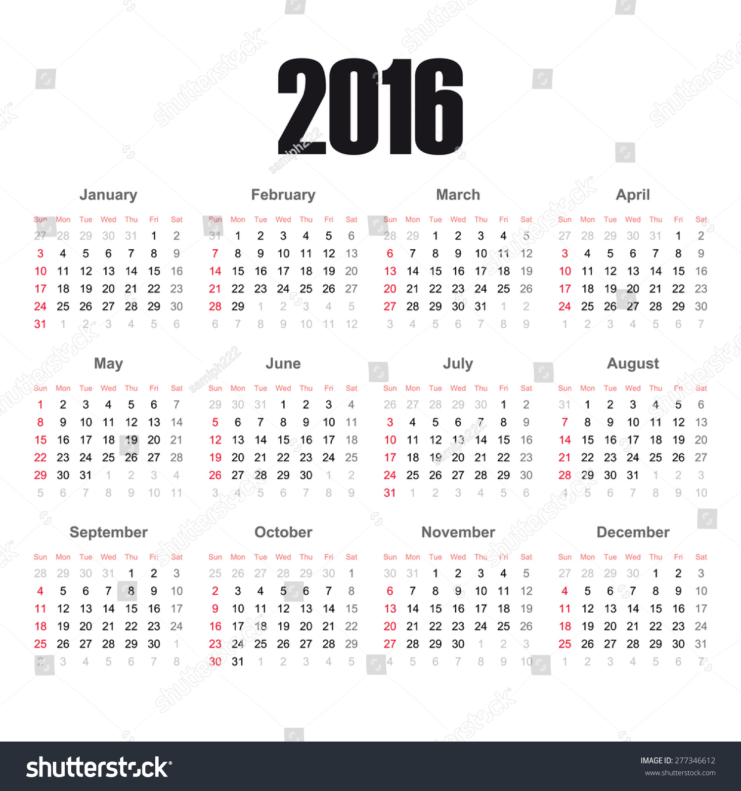 Calendar 2016 European Calendar Year 2016: vector de stock (libre de