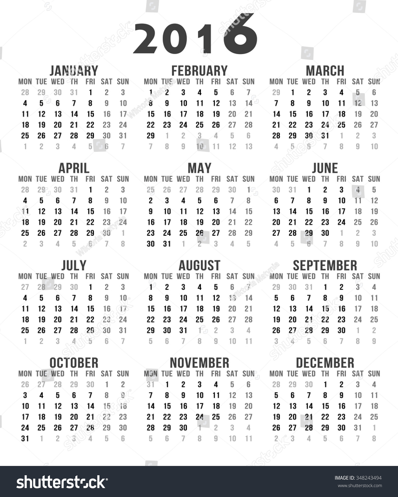 Calendar For 2016 Vector - 348243494 : Shutterstock