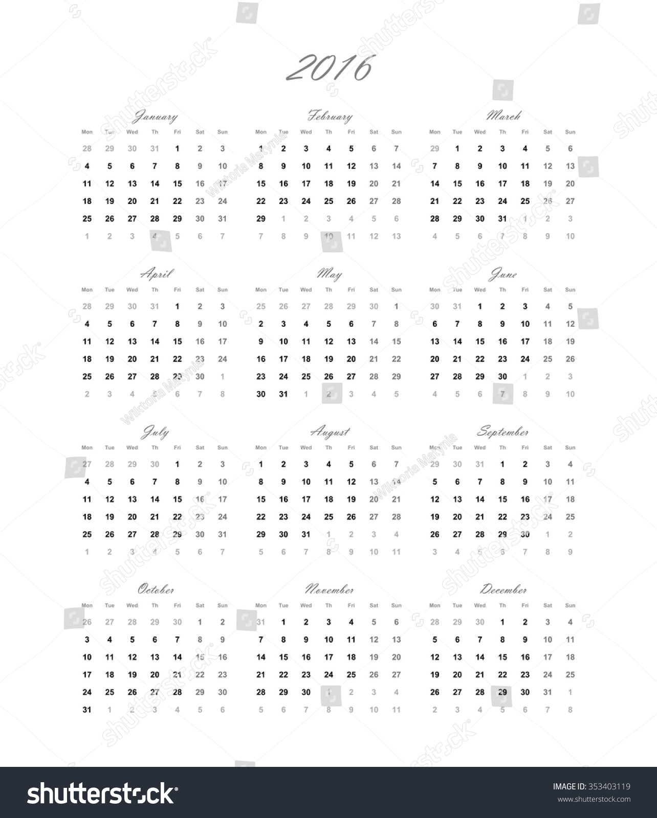 Calendar For 2016 Vector - 353403119 : Shutterstock