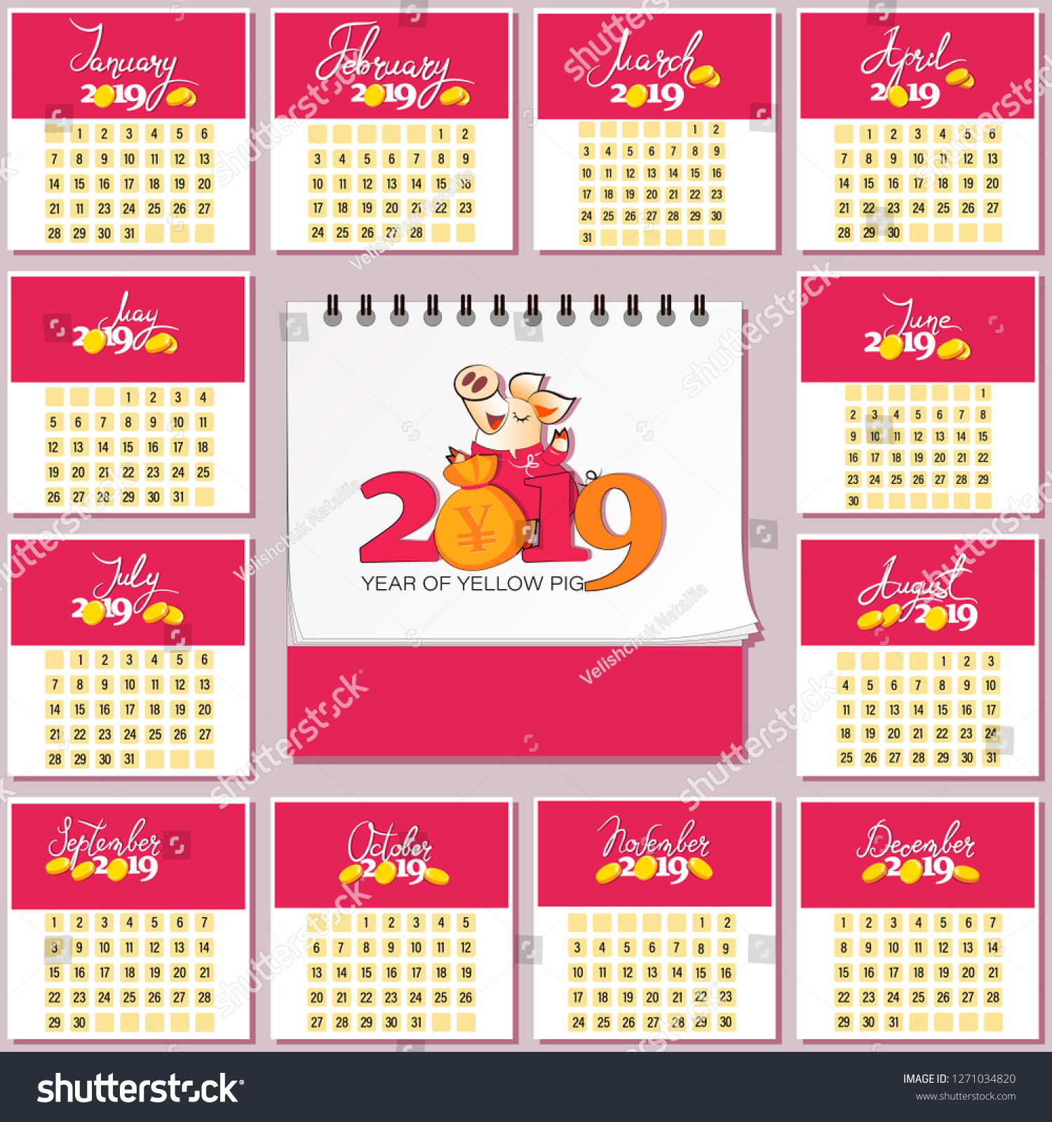 Calendar 2019 Cute Pig Money Bag Stock Vector (Royalty Free) 1271034820