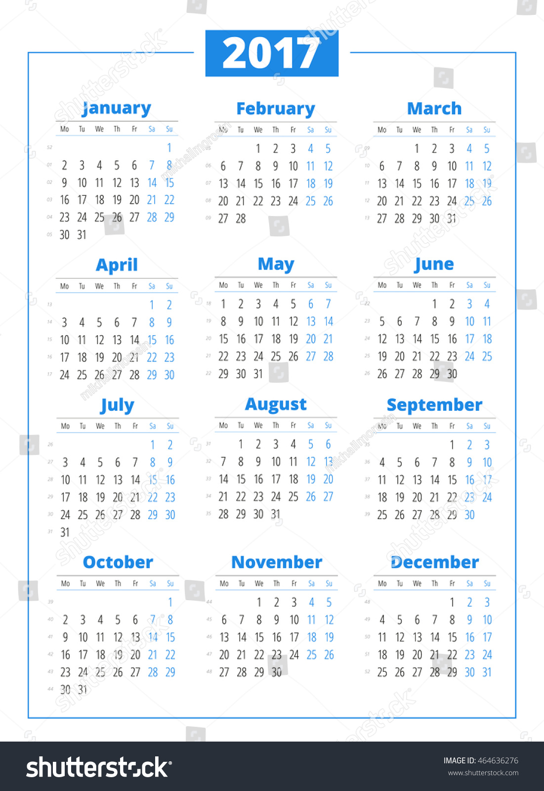 Calendar For 2017 Year On White Background. Vector Design Print ...