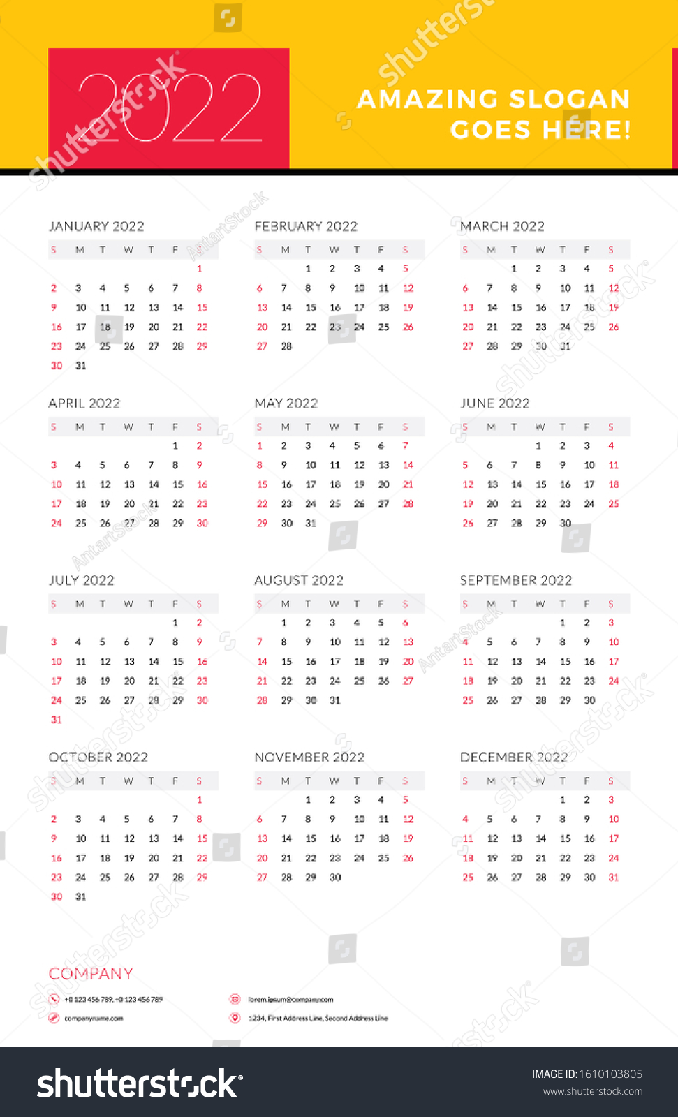 Calendar 2022 Year Week Starts On 库存矢量图（免版税）1610103805 Shutterstock 5565