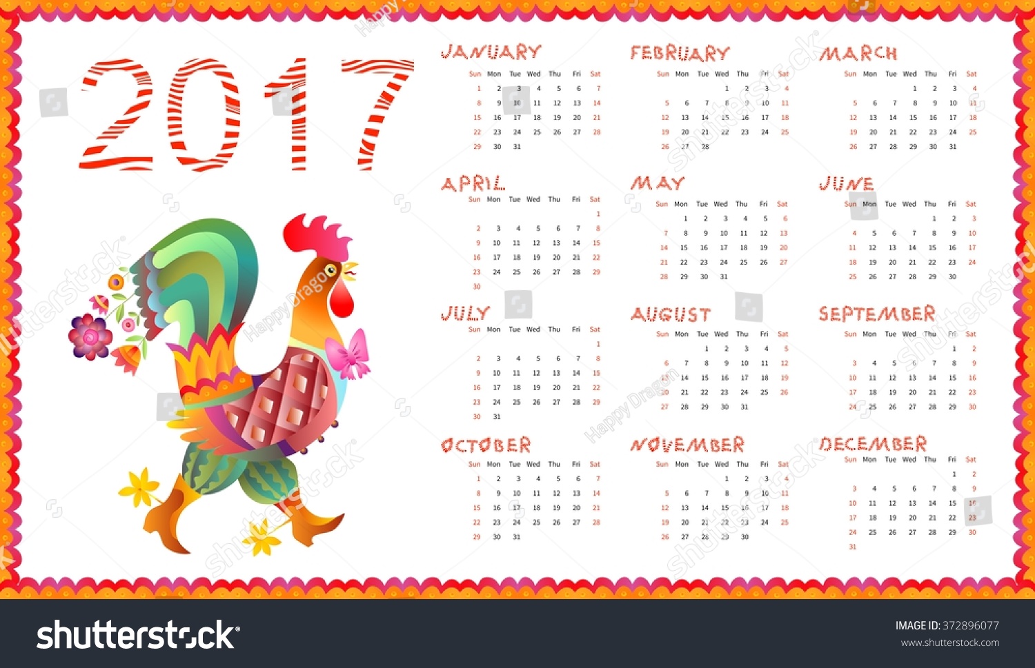 SVG of Calendar for 2017 year with fairy rooster - chinese symbol of new year. Week starts on sunday. Vector illustration. svg