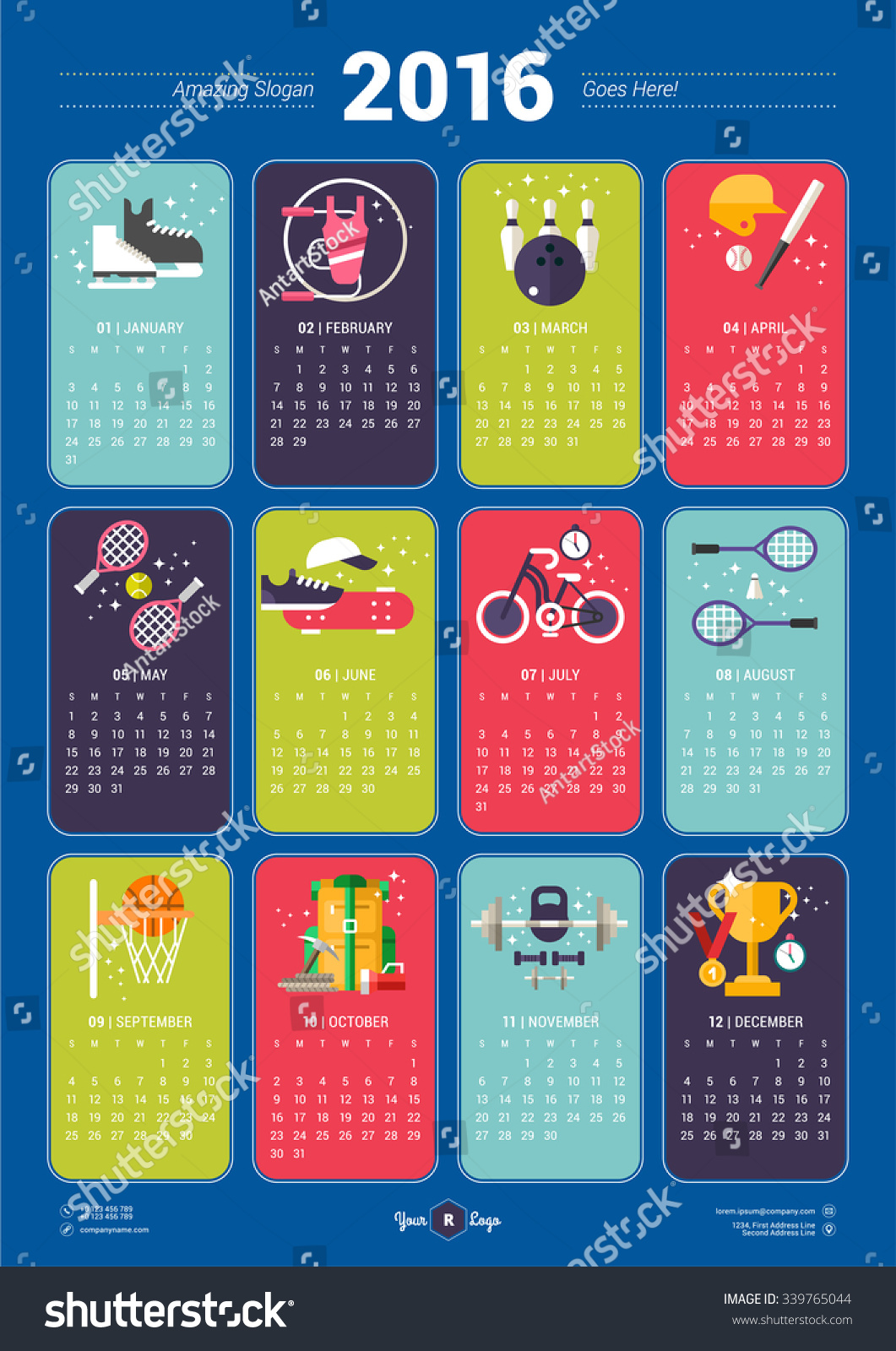 Calendar 2016 Year Sports Icons Illustrations Stock Vector 339765044 ...