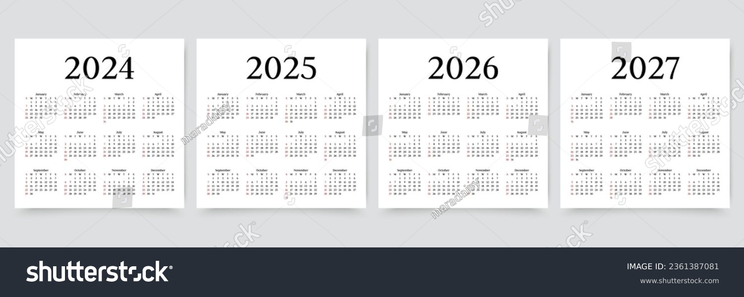 SVG of Calendar for 2024, 2025, 2026, 2027 years. Yearly calender organizer. Week starts Sunday. Grid template with 12 months. Calendar layout in simple design. Planner in English. Vector illustration. svg