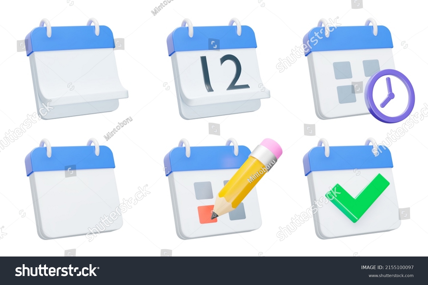 SVG of Calendar icon set. Calendars with a bent or straight page, date, time, highlight important date, check mark. Isolated 3d icons, objects on a transparent background svg