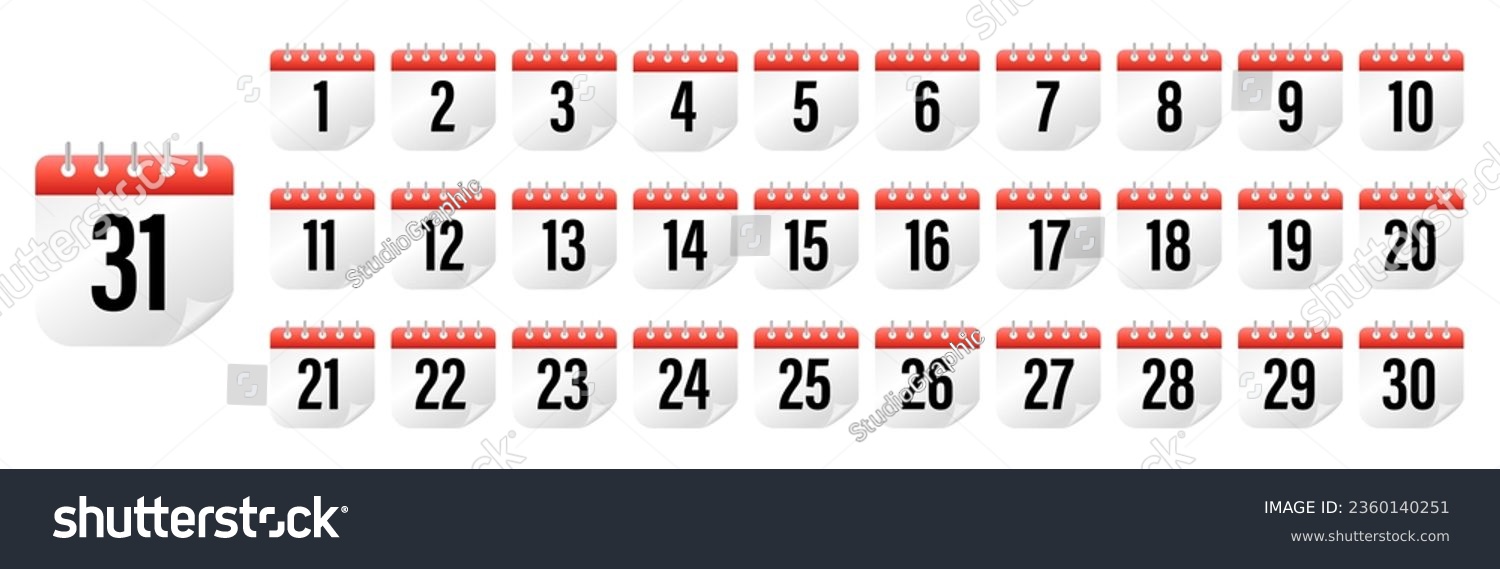 SVG of Calendar icons collection 1, 2, 3, 4, 5, 6, 7, 8, 9, 10, 11, 12, 13, 14, 15, 16, 17, 18, 19, 20, 21, 22, 23, 24, 25, 26, 27, 28, 29, 30. All days of yea. Vector illustration svg