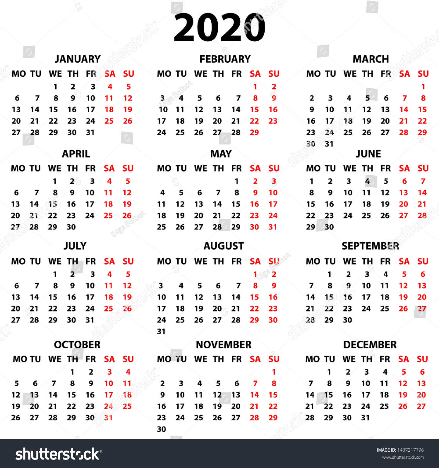 Calendar 2020 English Simple Style On Stock Vector (Royalty Free ...