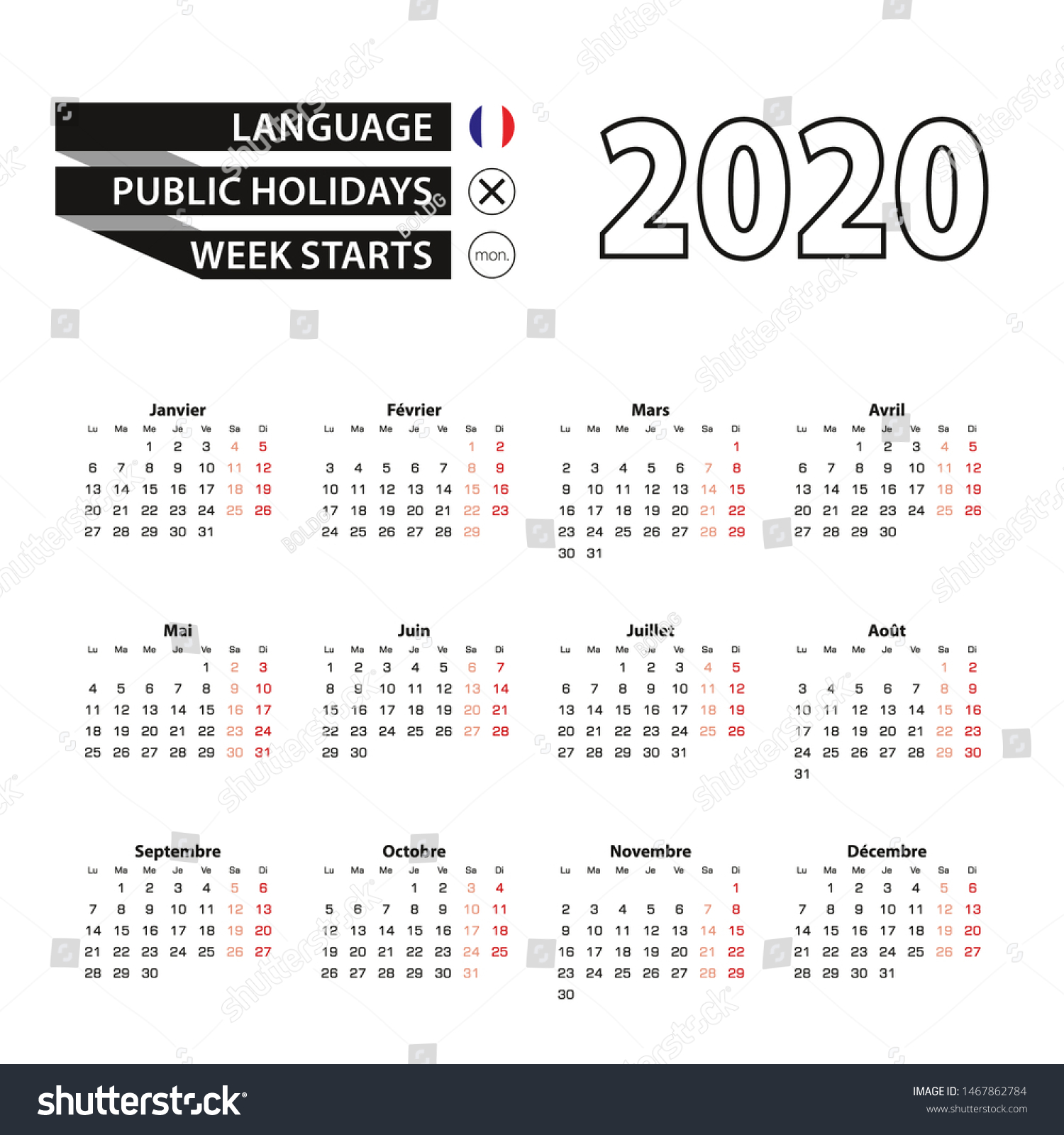 Calendar French Language Week Starts Stock Vector Royalty Free