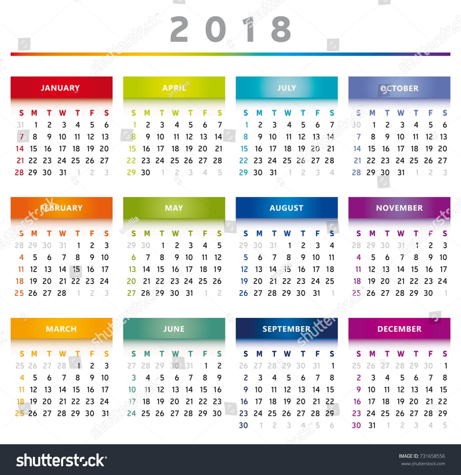 Calendar 2018 Rainbow Colors 4 Trimester Stock Vector (Royalty Free ...