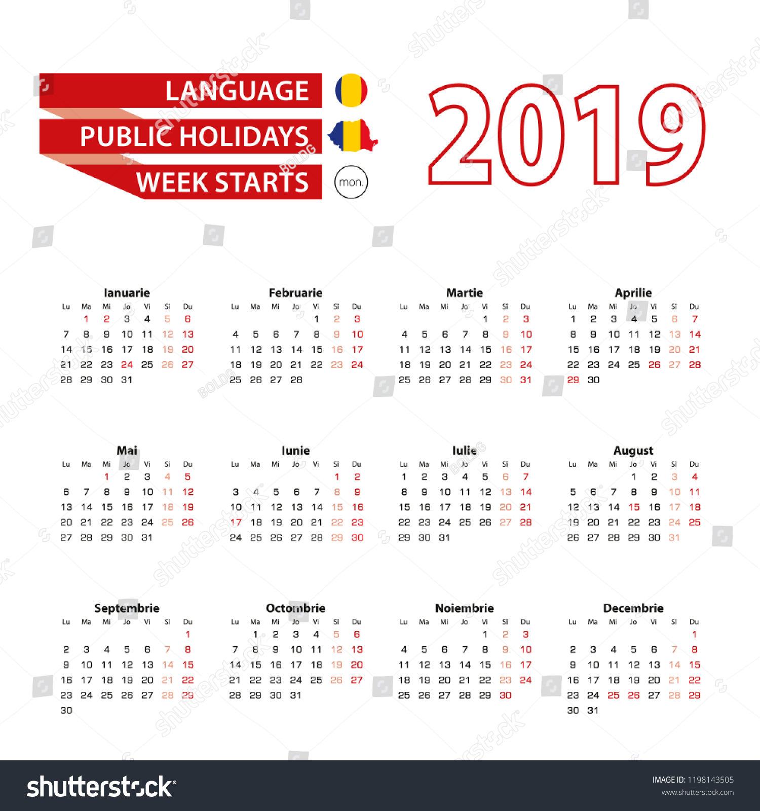 Calendar 2019 Romanian Language Public Holidays Stock Vector (Royalty Free) 1198143505 