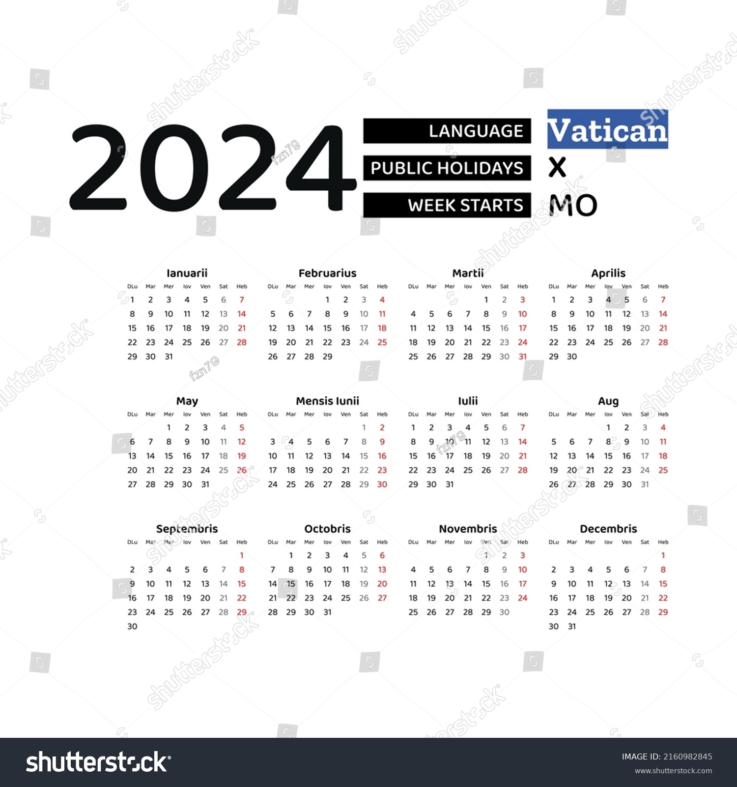 Calendar 2024 Latin Language Vatican City Stock Vector Royalty Free   Stock Vector Calendar Latin Language With Vatican City Public Holidays Week Starts From Monday Graphic 2160982845 