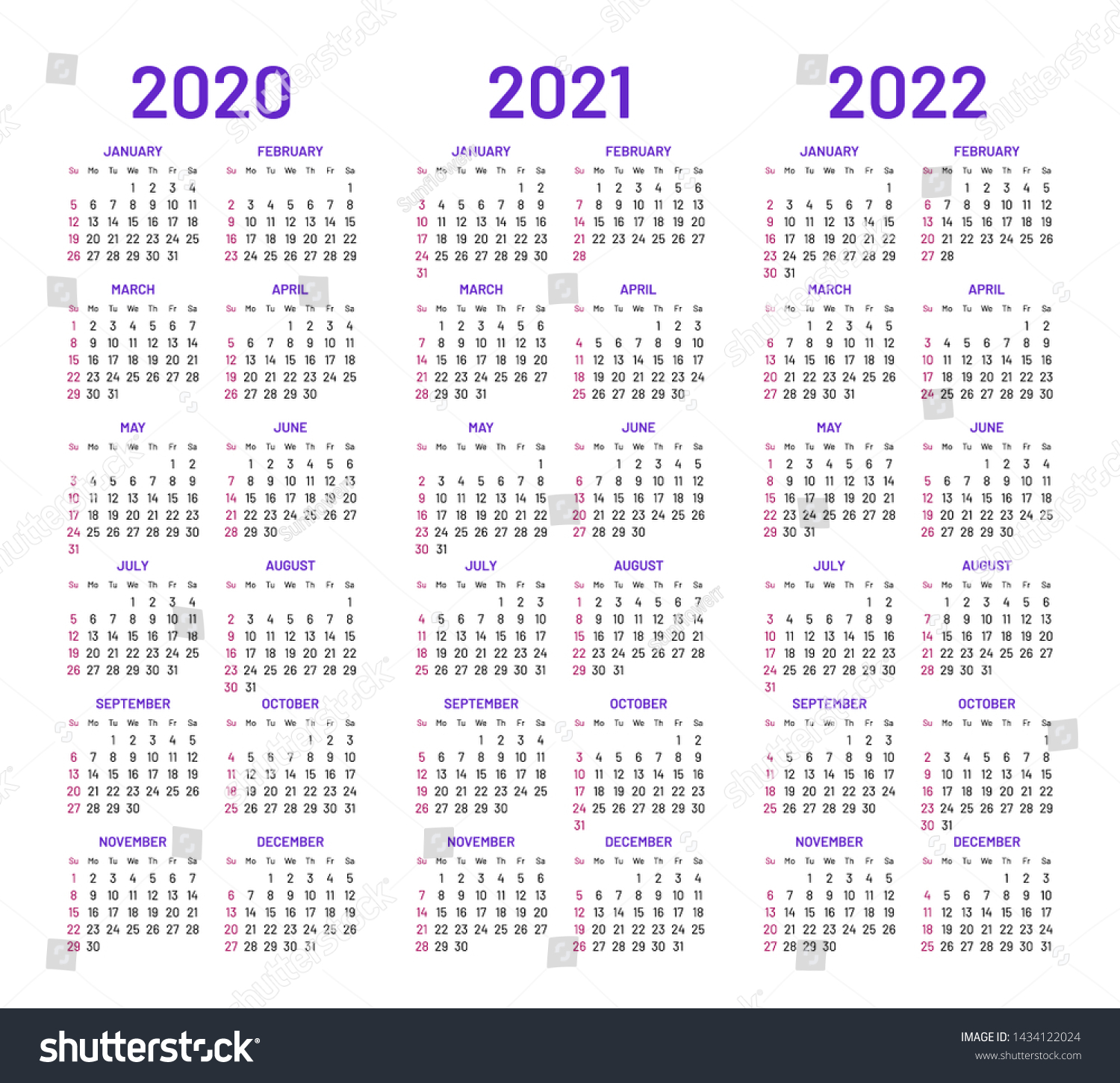 Calendar Layouts Set 2020 2021 2022 Stock Vector (Royalty Free) 1434122024