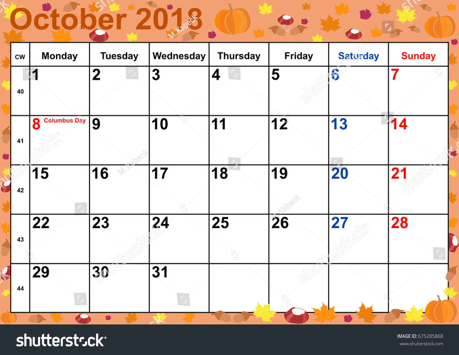 calendar 2018 month october public holidays stock vector royalty