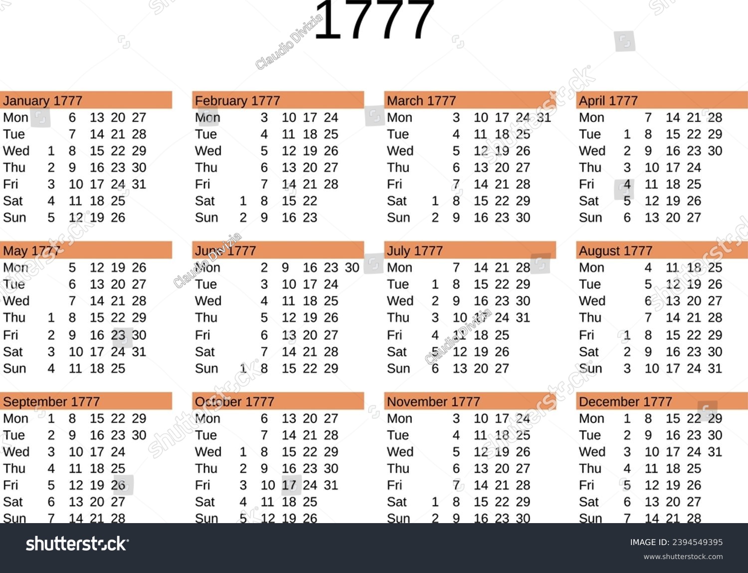 SVG of calendar of year 1777 in English language svg