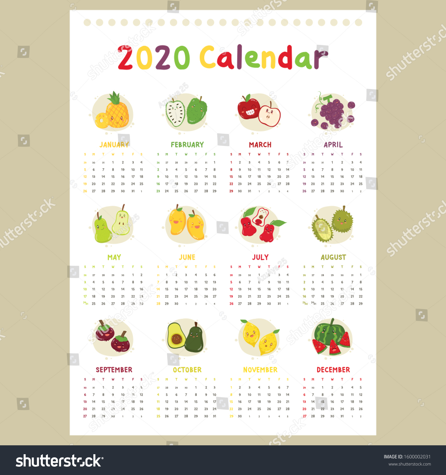 calendar 2020 one page 12 months stock vector royalty free 1600002031