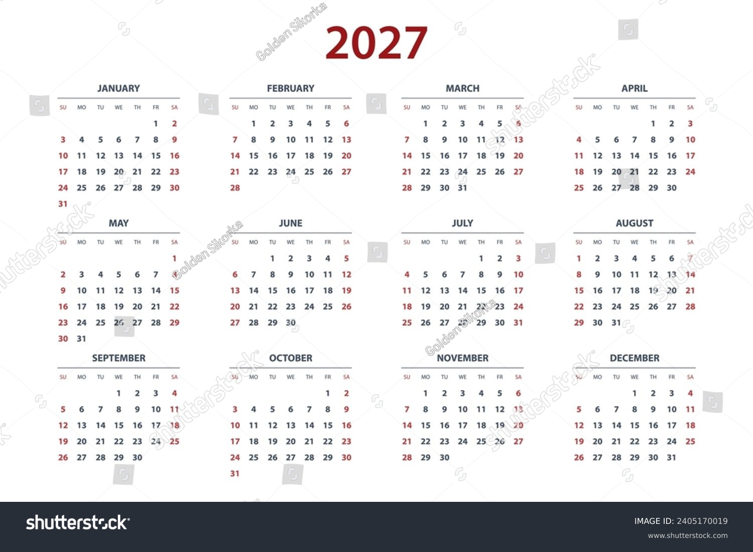 SVG of Calendar Planner for 2027. Calendar template for 2027. Corporate and business calendar 27. Week start Sunday corporate design planner template. svg