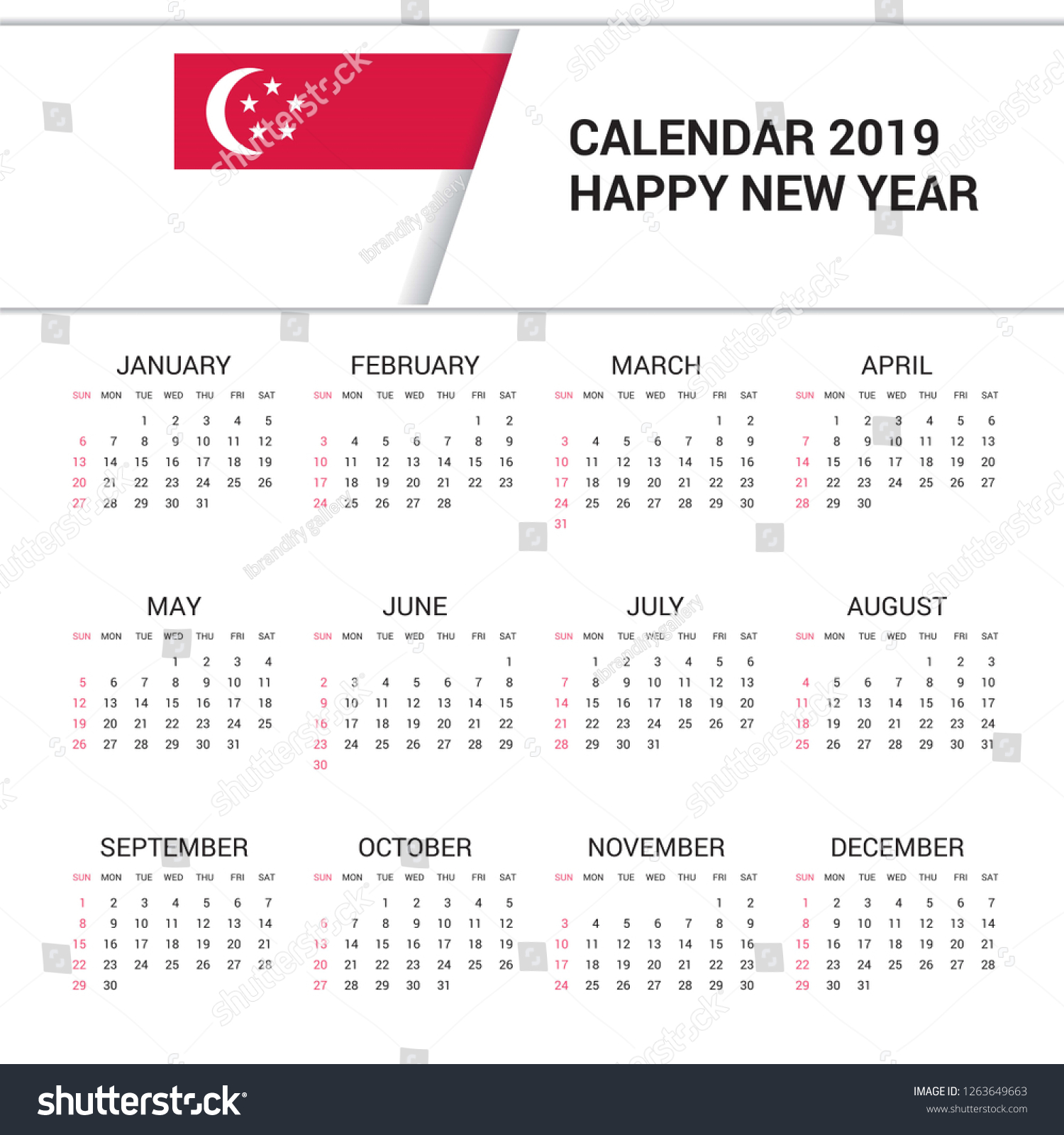 Calendar 2019 Singapore Flag Background English Stock Vector (royalty 