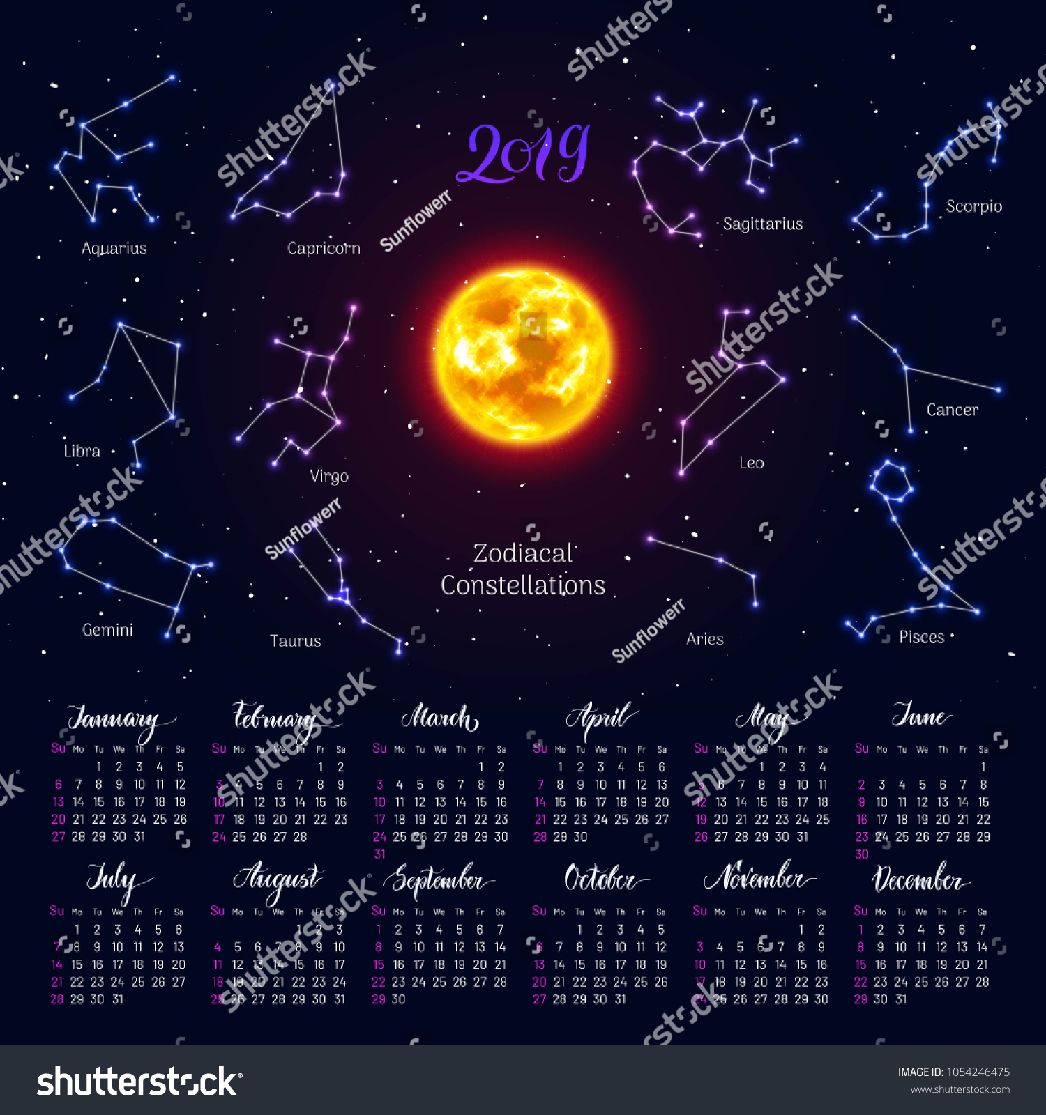 Calendar Sun Zodiac Signs 2019 Night Stock Vector (Royalty Free) 1054246475