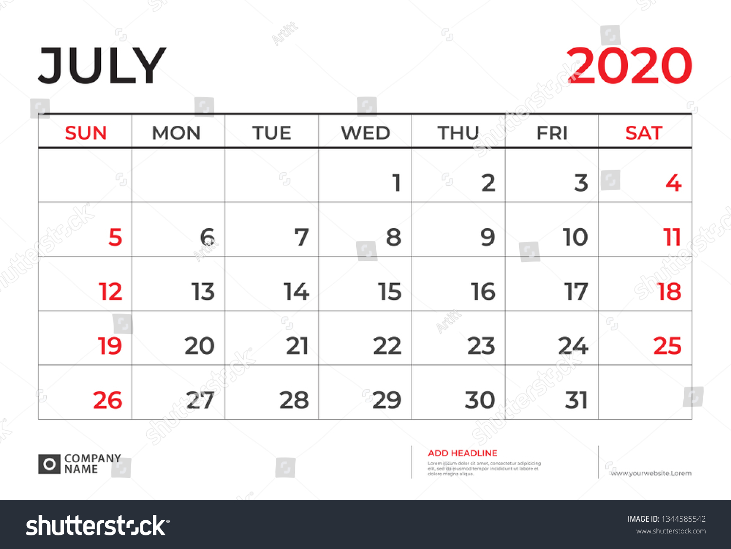 Calendar 21 Template July Calendar Stock Vector Royalty Free