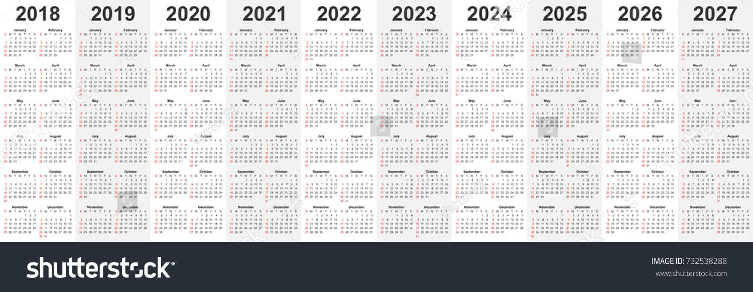2018年 2019年 2020年 2021年 2022年 2023年 2024年 2025年 2026年 2027年のカレンダーテンプレートセットを1つのベクター画像ファイルに含めます 印刷またはアプリケーション用のビジネスオーガナイザデザインエレメント 一定の間隔 のベクター画像素材