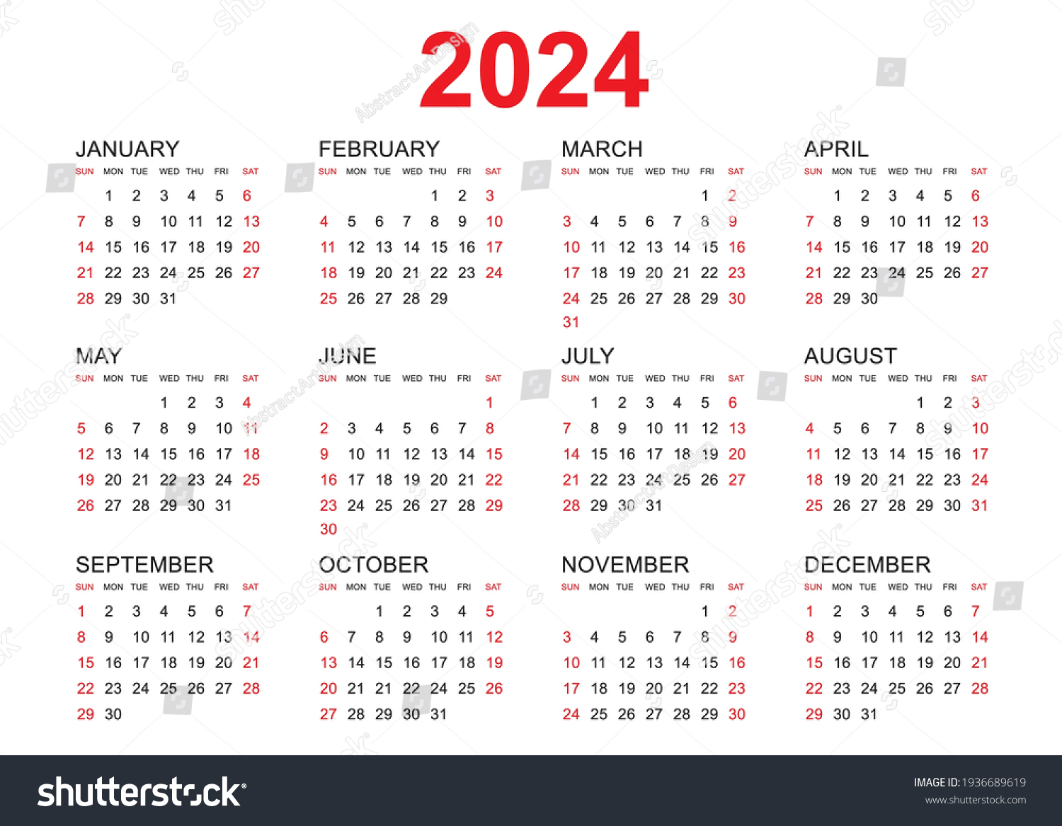 Calendar 2024 Template Vector Simple Minimal Stock Vector (Royalty Free ...