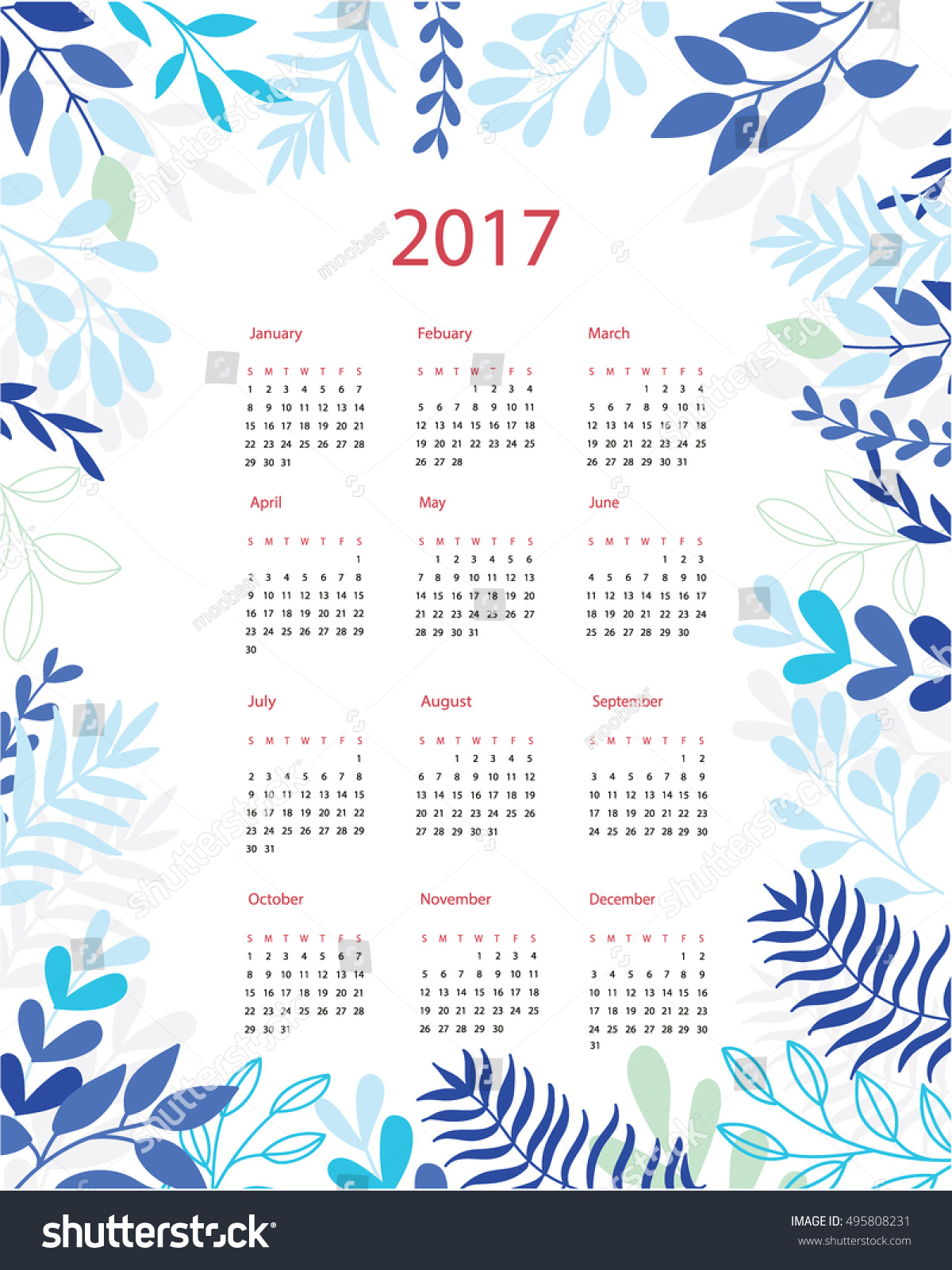 Calendar Templates With Cutout Leaves And Flowers. Stock Vector ...