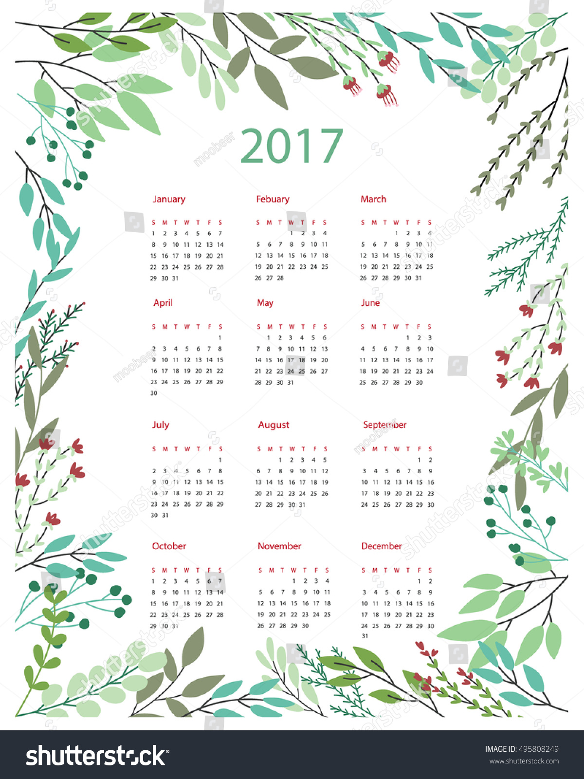 Calendar Templates With Cutout Leaves And Flowers. Stock Vector ...