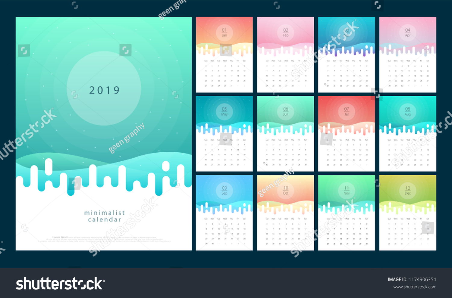 Calendar 2019 Trendy Gradients Pastel Color เวกเตอร์สต็อก ปลอดค่า