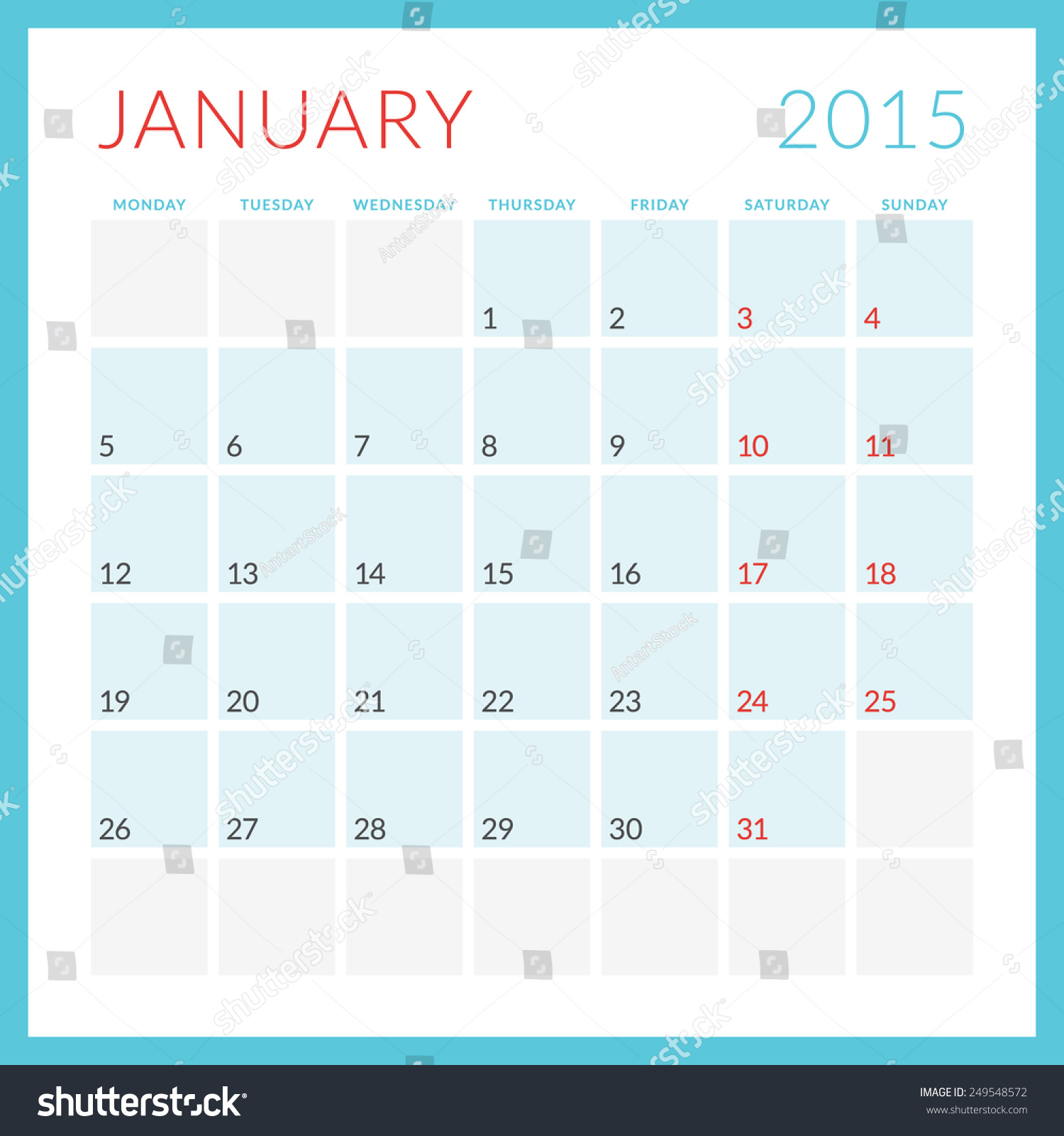 Calendar 2015 Vector Flat Design Template. January. Week Starts Monday ...