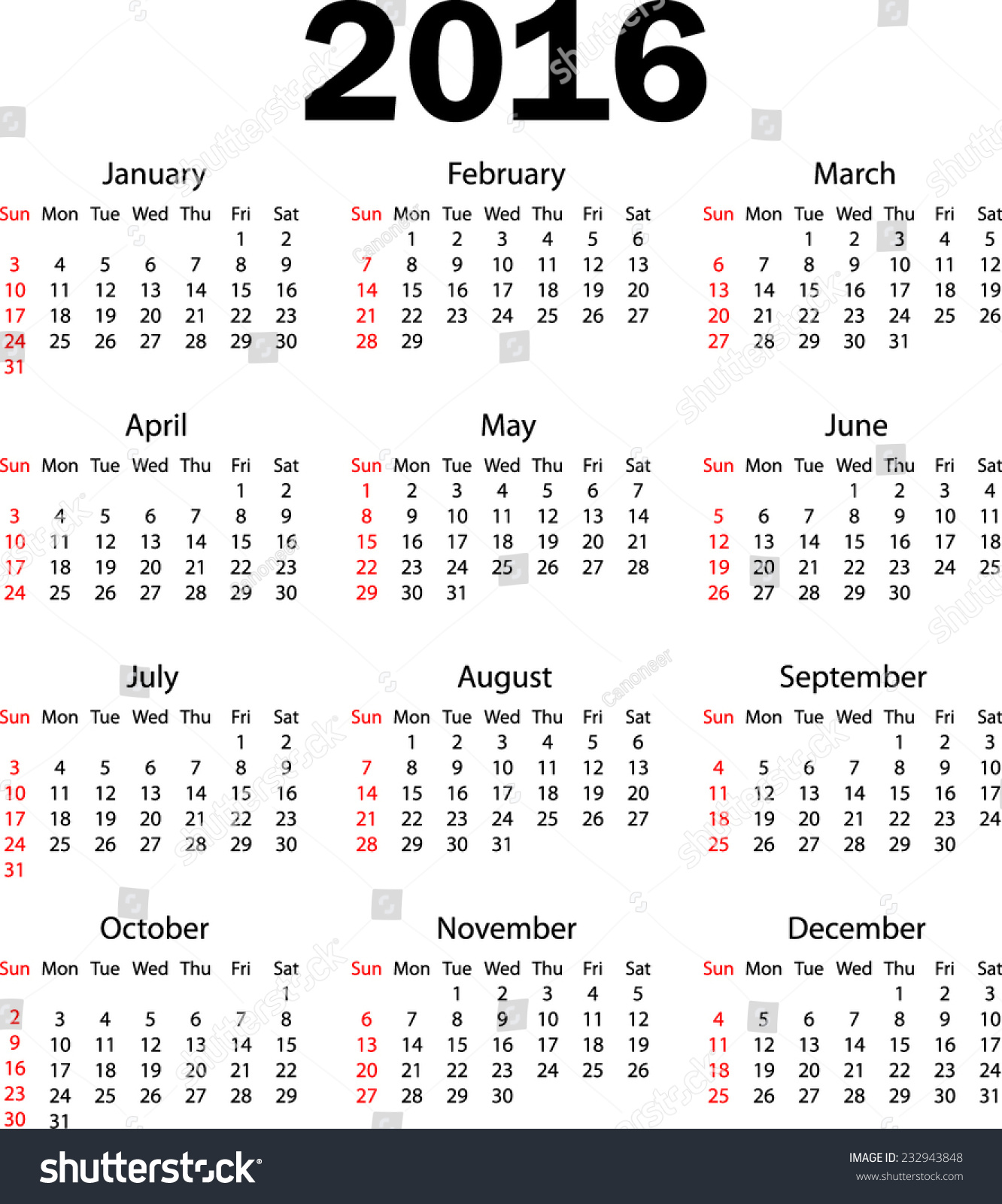 Calendar 2016 Week Starting Sunday weeks Starting Stock Vector ...
