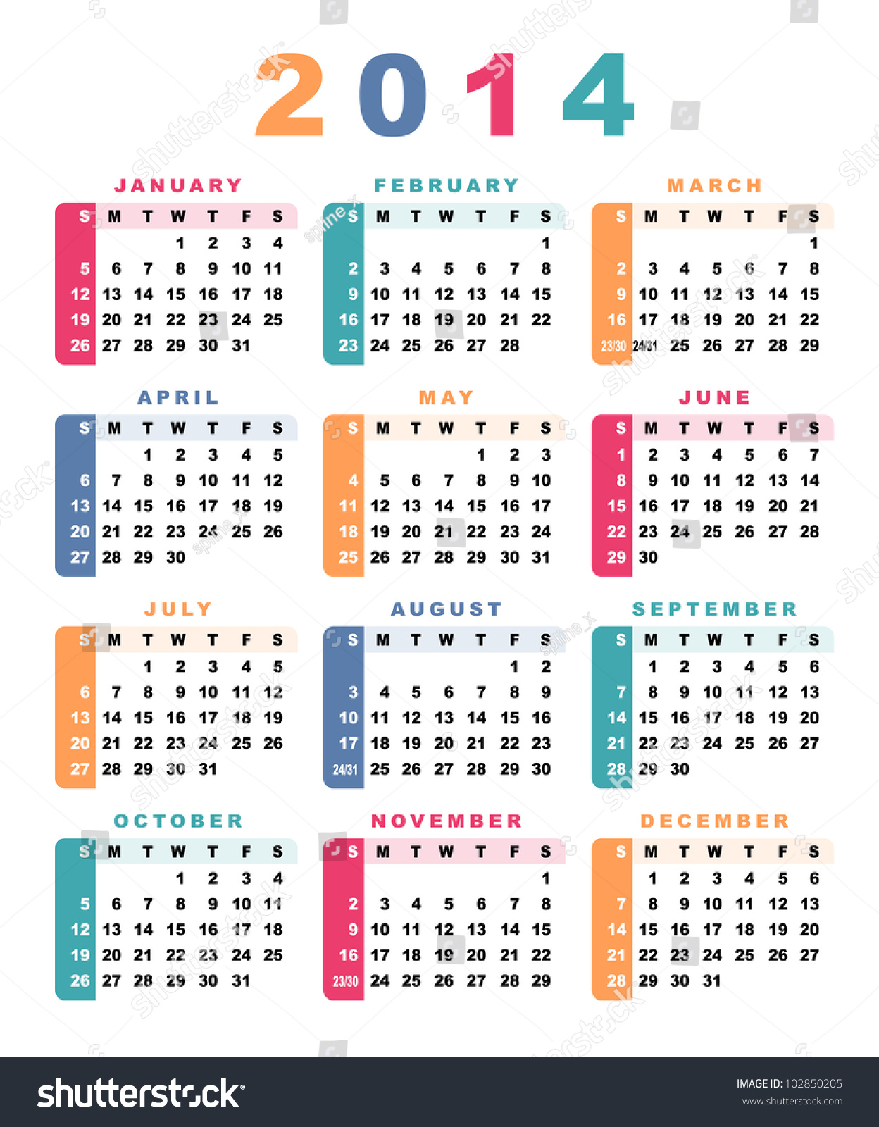 Calendar 2014 (Week Starts With Sunday). Vector Illustration ...