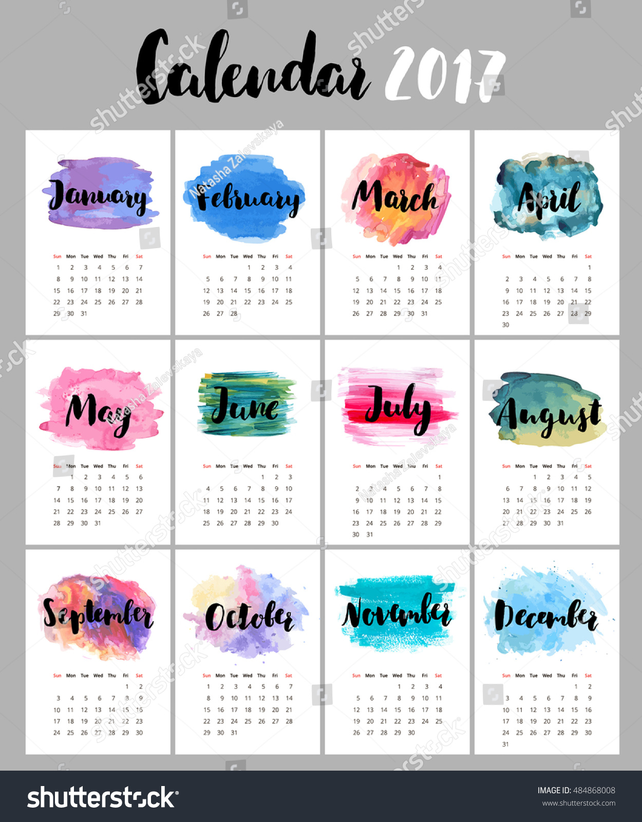 Calendar Typography S : Calendar watercolor stains beautiful template stock Calendar Typography S : Calendar watercolor stains beautiful template stock