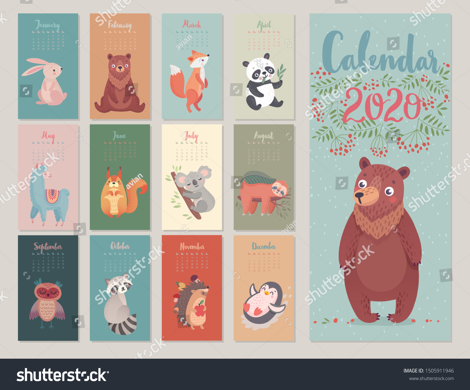 Calendar 2020 Woodland Characters Cute Forest Stock Vector (Royalty