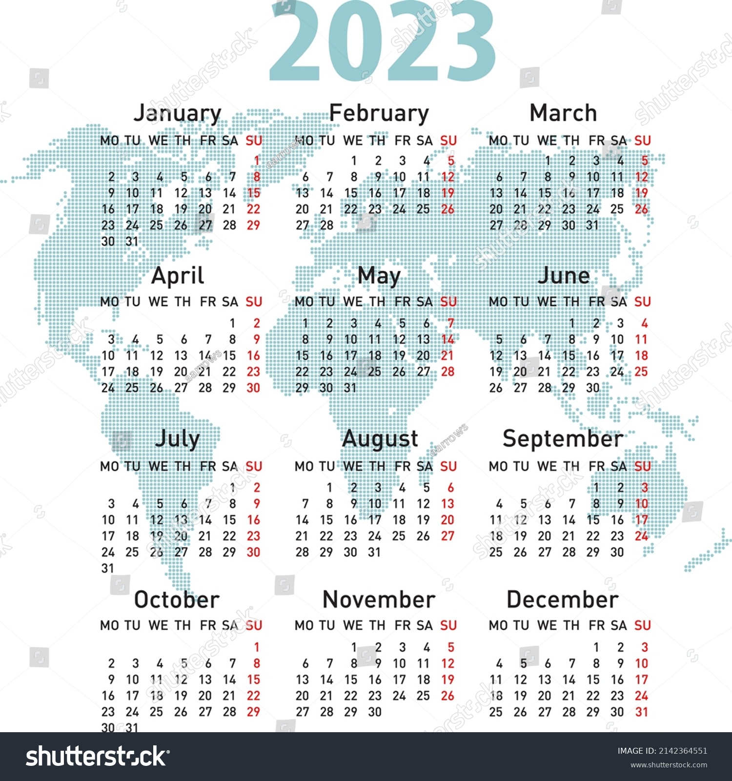 Stock Vector Calendar With World Map Week Starts On Monday 2142364551 