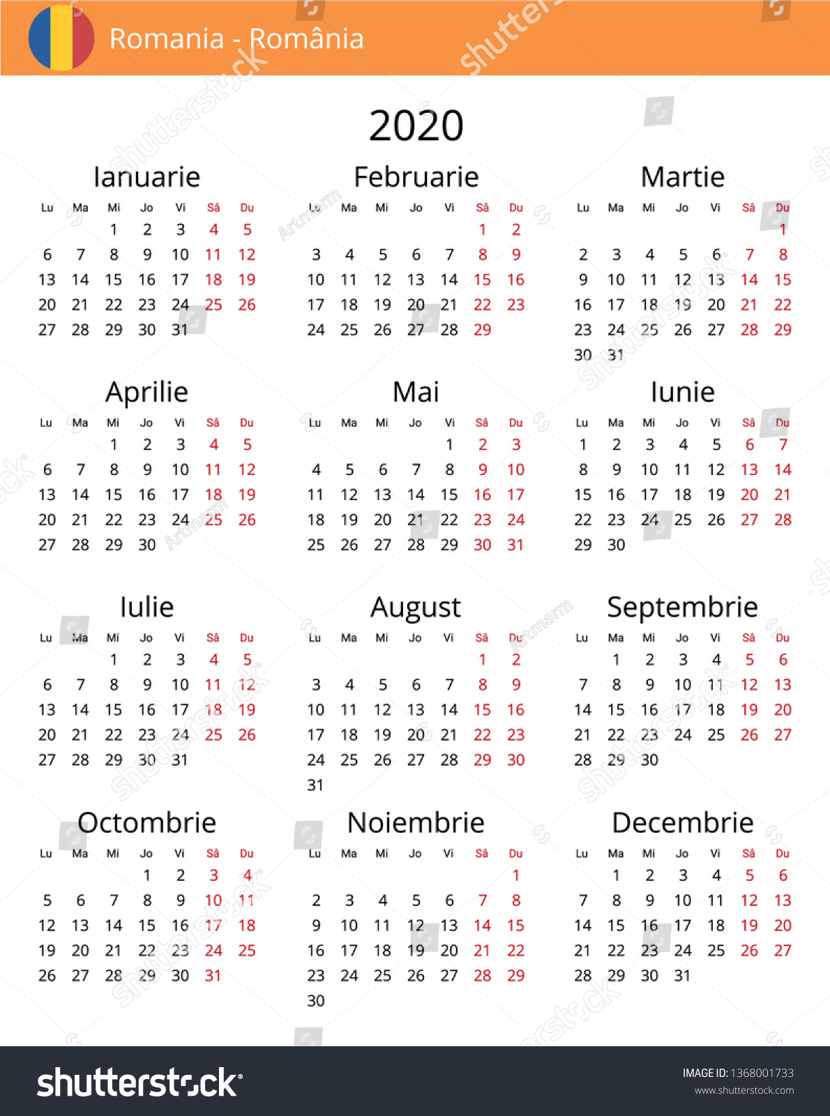 Calendar 2020 Year Romania Country Romanian Stock Vector