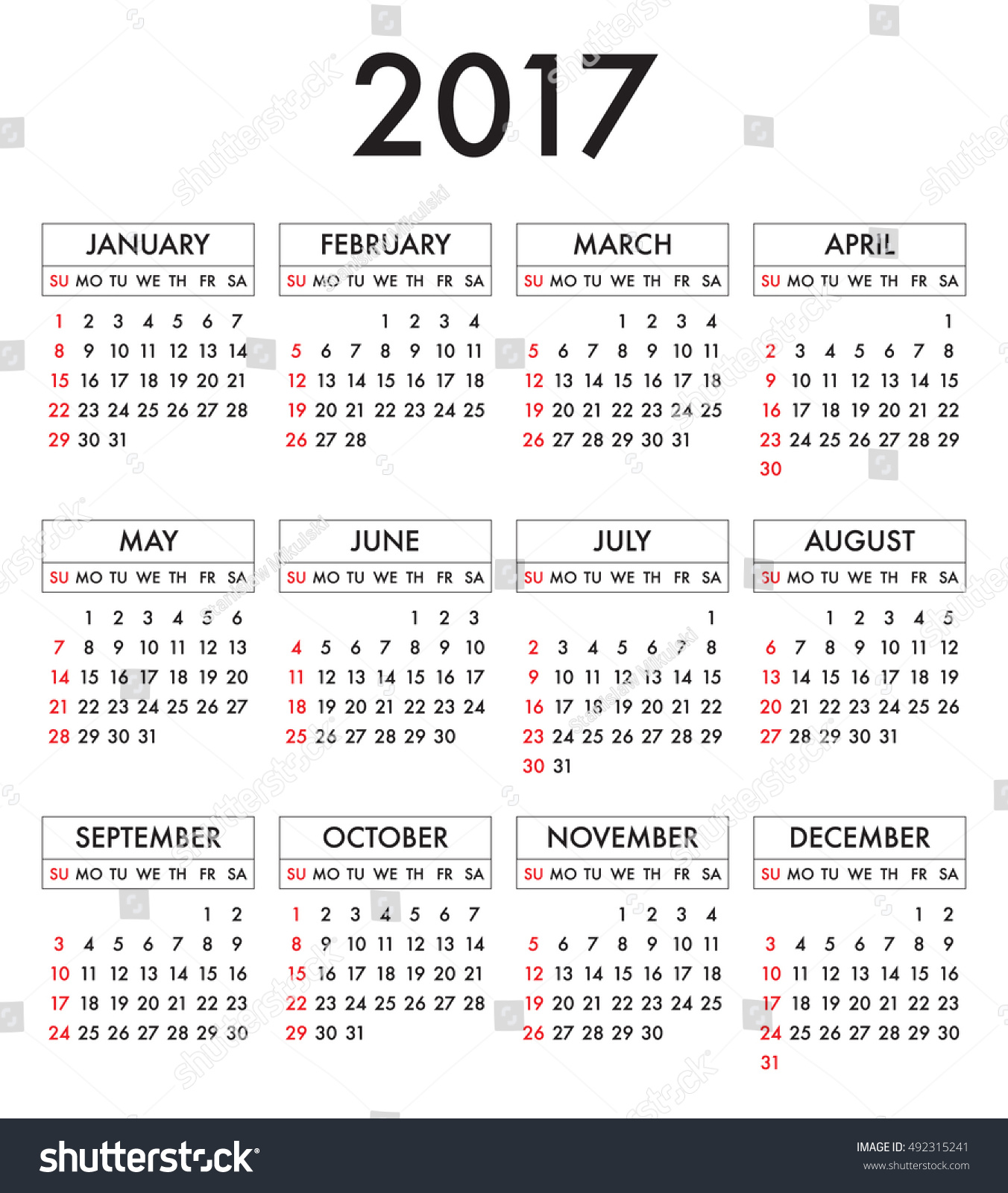 Calendar 2017 Year In English, Simple Style. Week Starts From Sunday ...