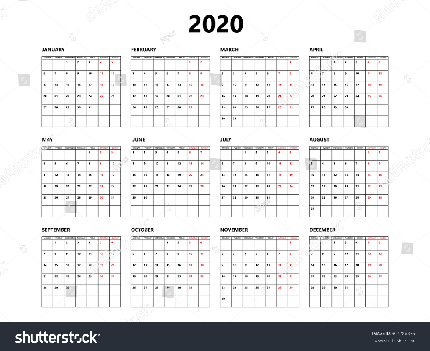 Calendar 2020 Year Simple Style Grid Stock Vector Royalty Free 367286879