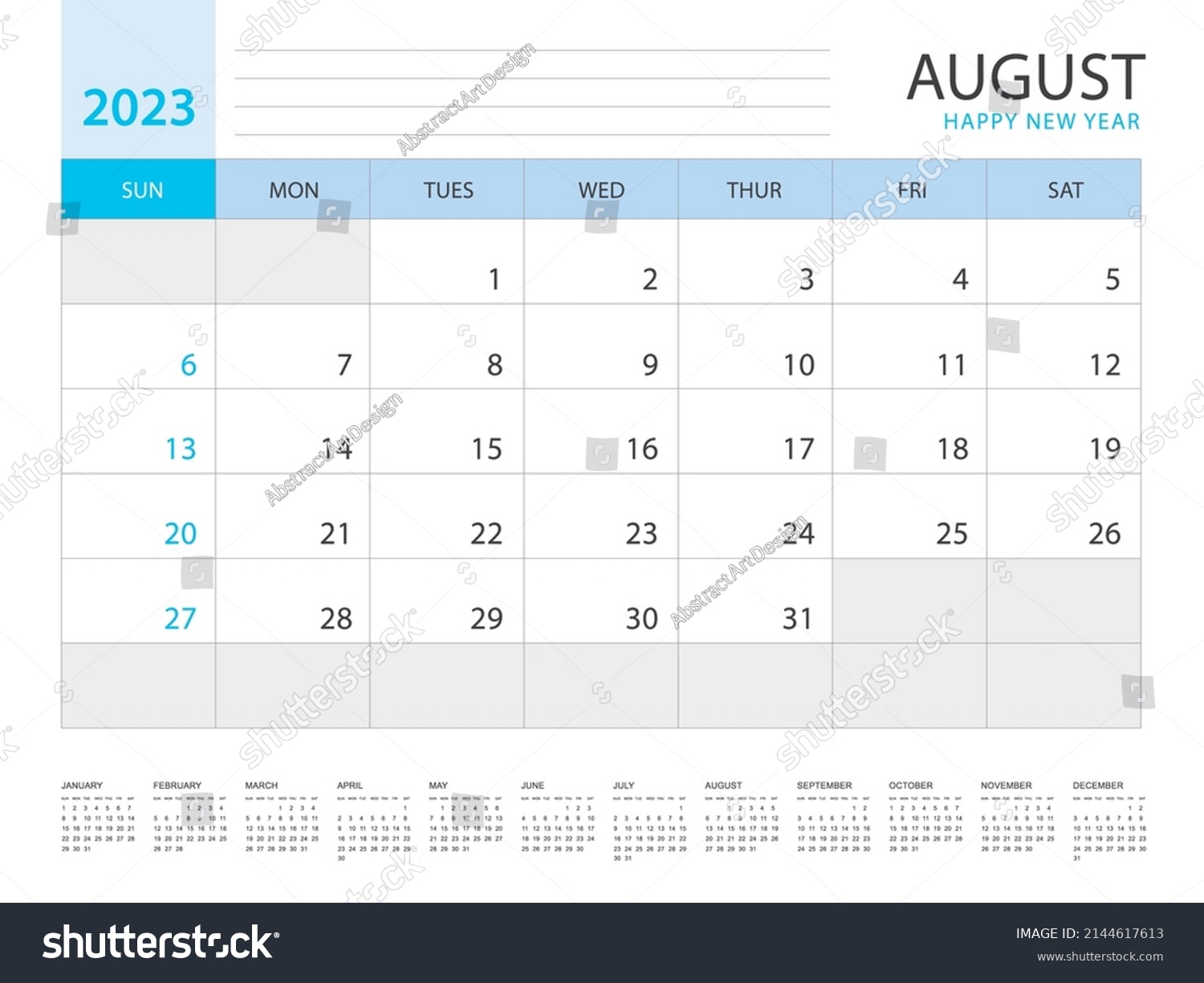 Calendar 2023 Year Template August Layout Stock Vector (Royalty Free ...