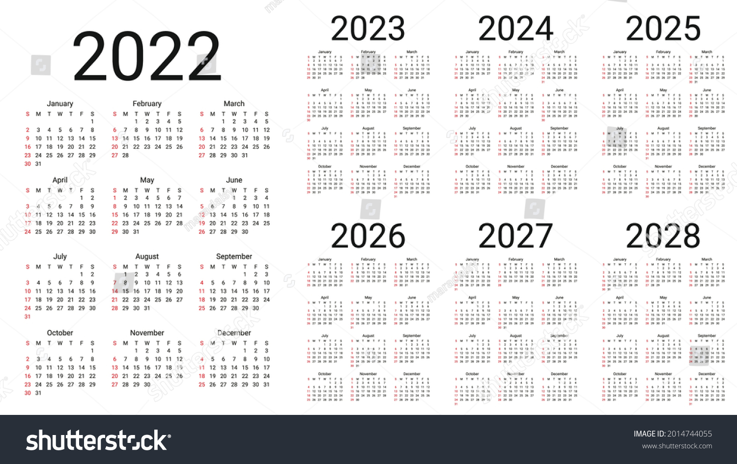 Calendar 2022 Year Week Starts Sunday Stock Vector (Royalty Free ...