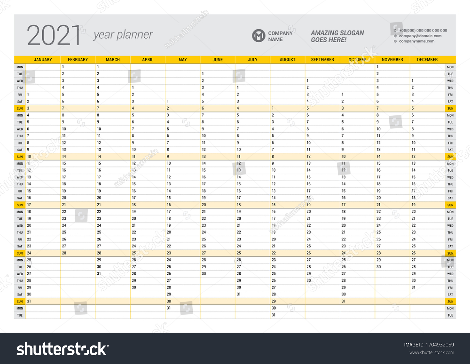 calendar yearly planner template 2021 printable stock vector royalty free 1704932062