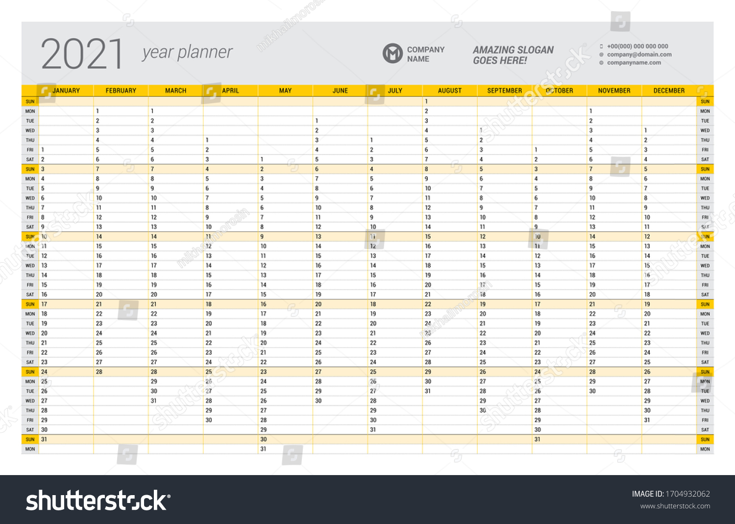 calendar yearly planner template 2021 printable stock vector royalty free 1704932062 shutterstock