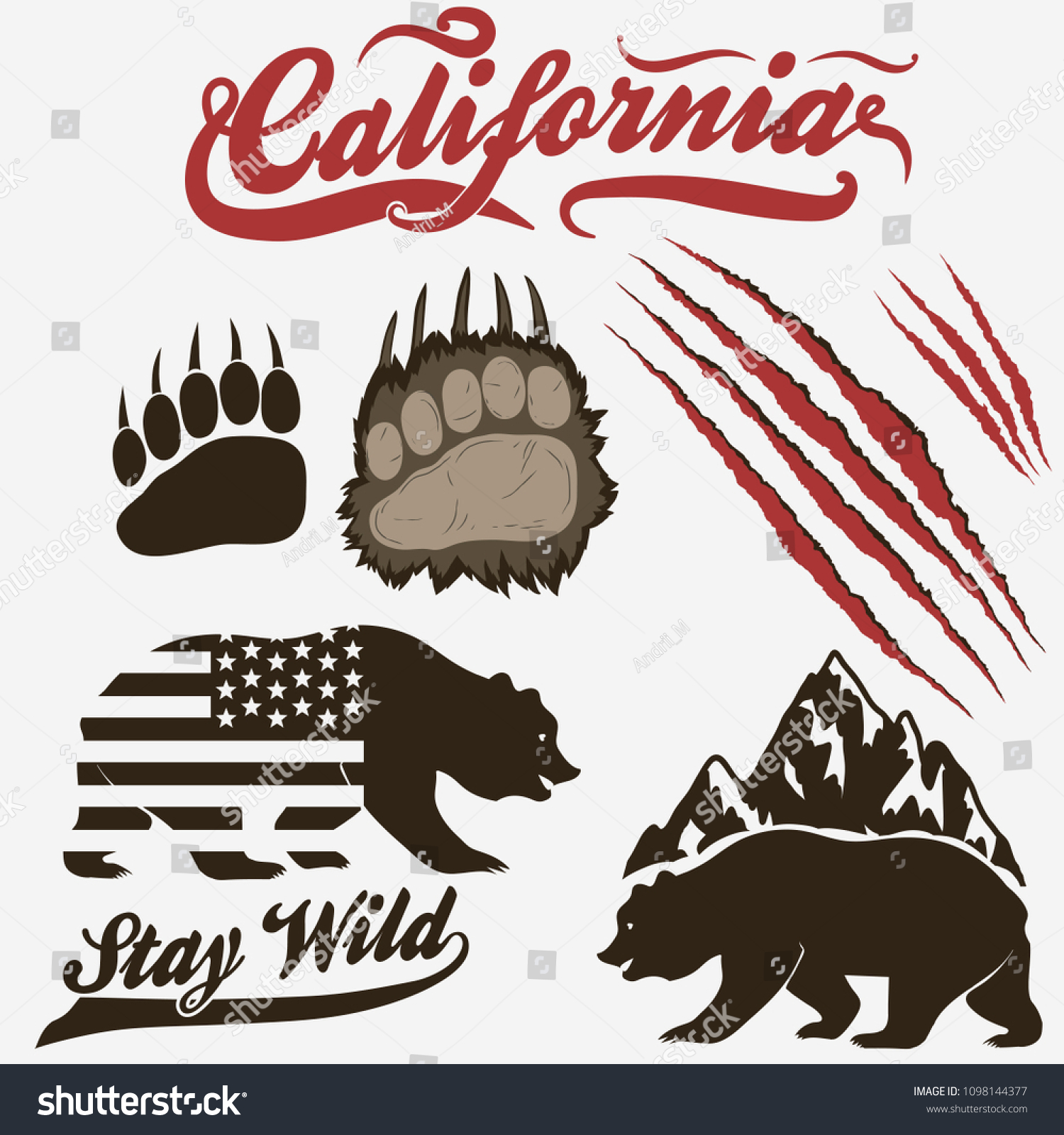SVG of California Bear, grizzly footprint, paw print with claw scratches set. Vector svg