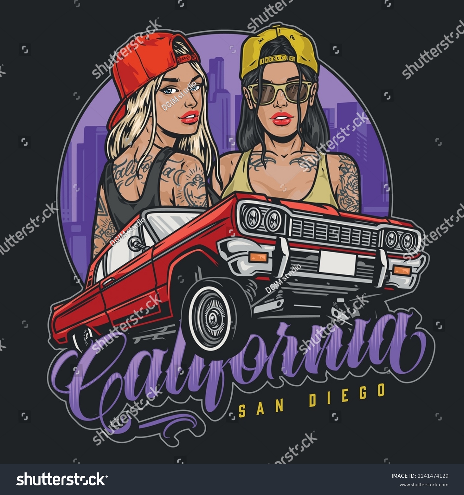 SVG of California girls racer colorful poster car with lowriding wheels and two tattooed girlfriends dressed in street style vector illustration svg