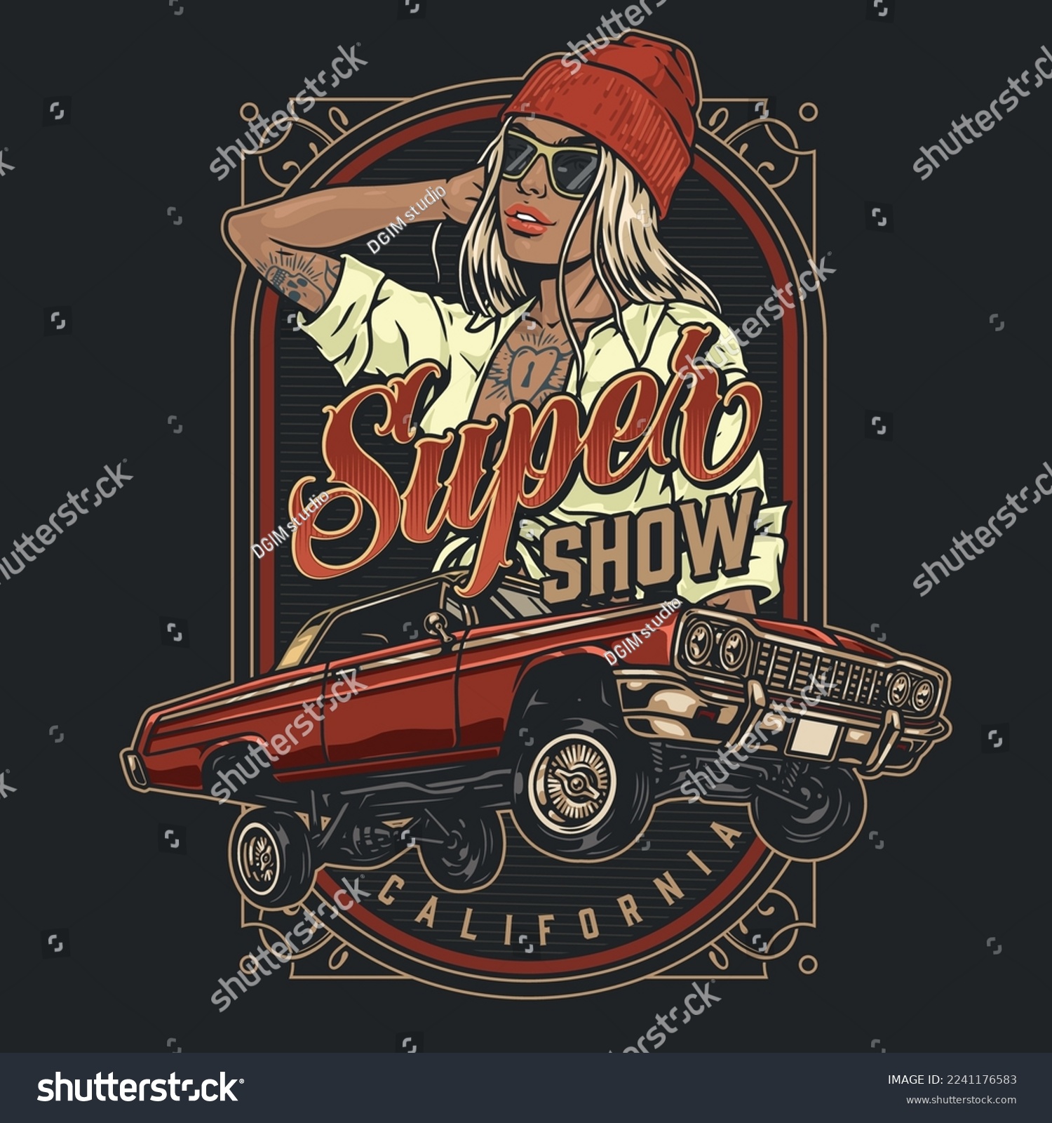 SVG of California lowriding show colorful poster with vintage car with hydraulic jump wheels and beautiful street racer girl vector illustration svg